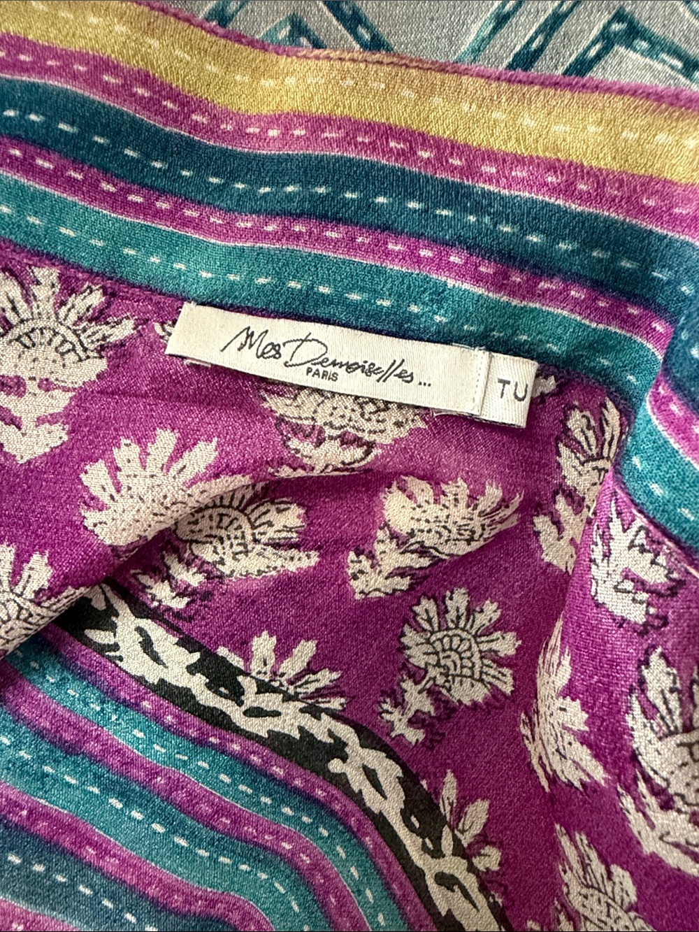 Mes Demoiselles Purple Teal Gold Striped Floral Scarf - Picture 3 of 9